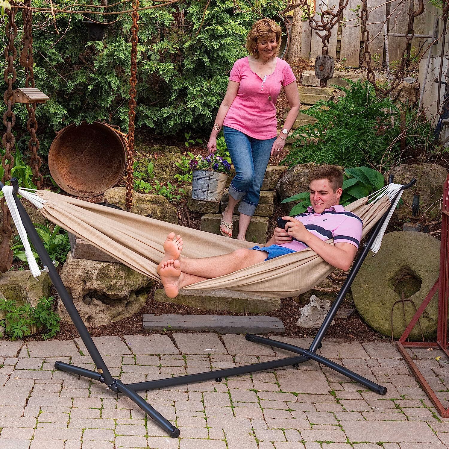 Vivere Double Cotton Hammock with Steel Stand, 450 lb Capacity, Tropical Colors, Includes Premium Carry Bag