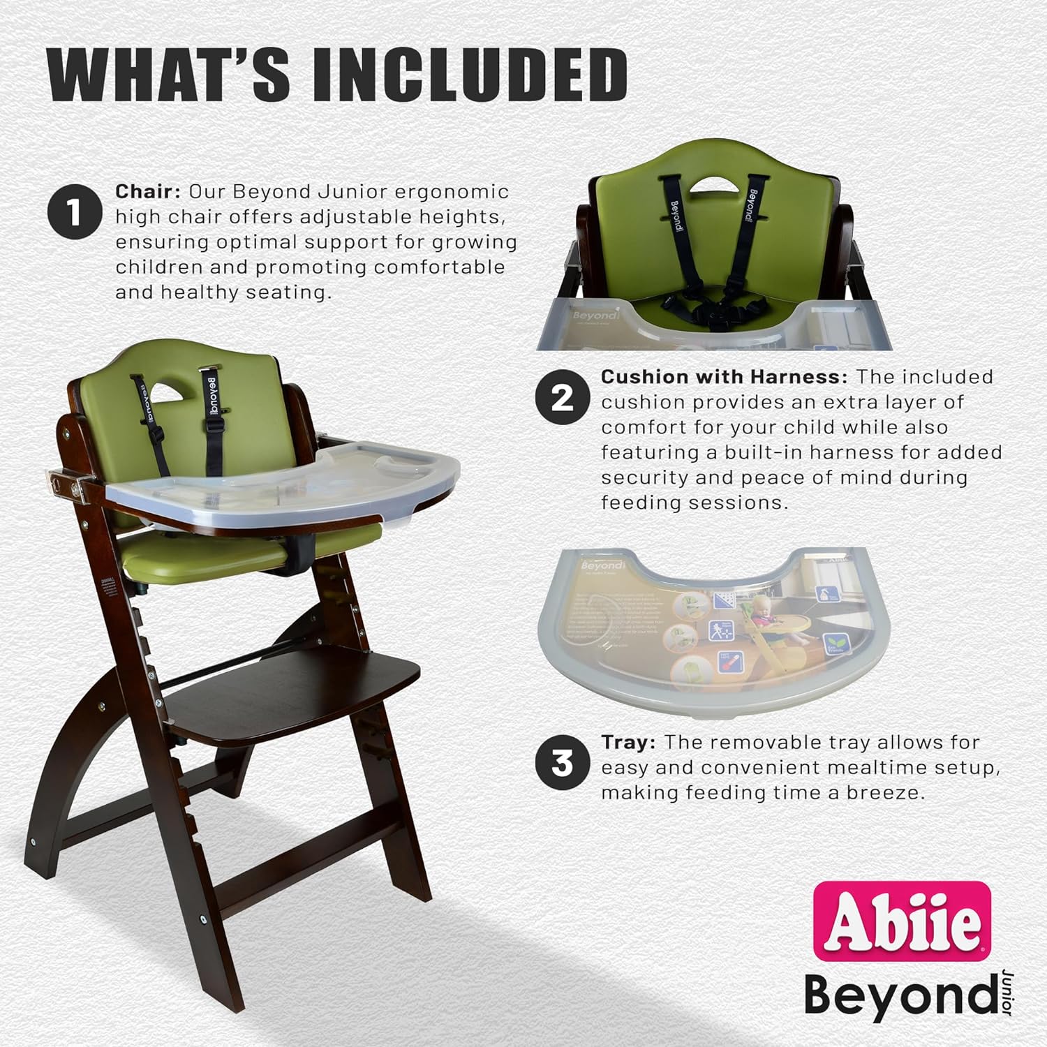 Abiie Beyond Junior High Chair, Adjustable Wood, Dove Grey Cushion, 250 lb Capacity, Stain & Water Resistant