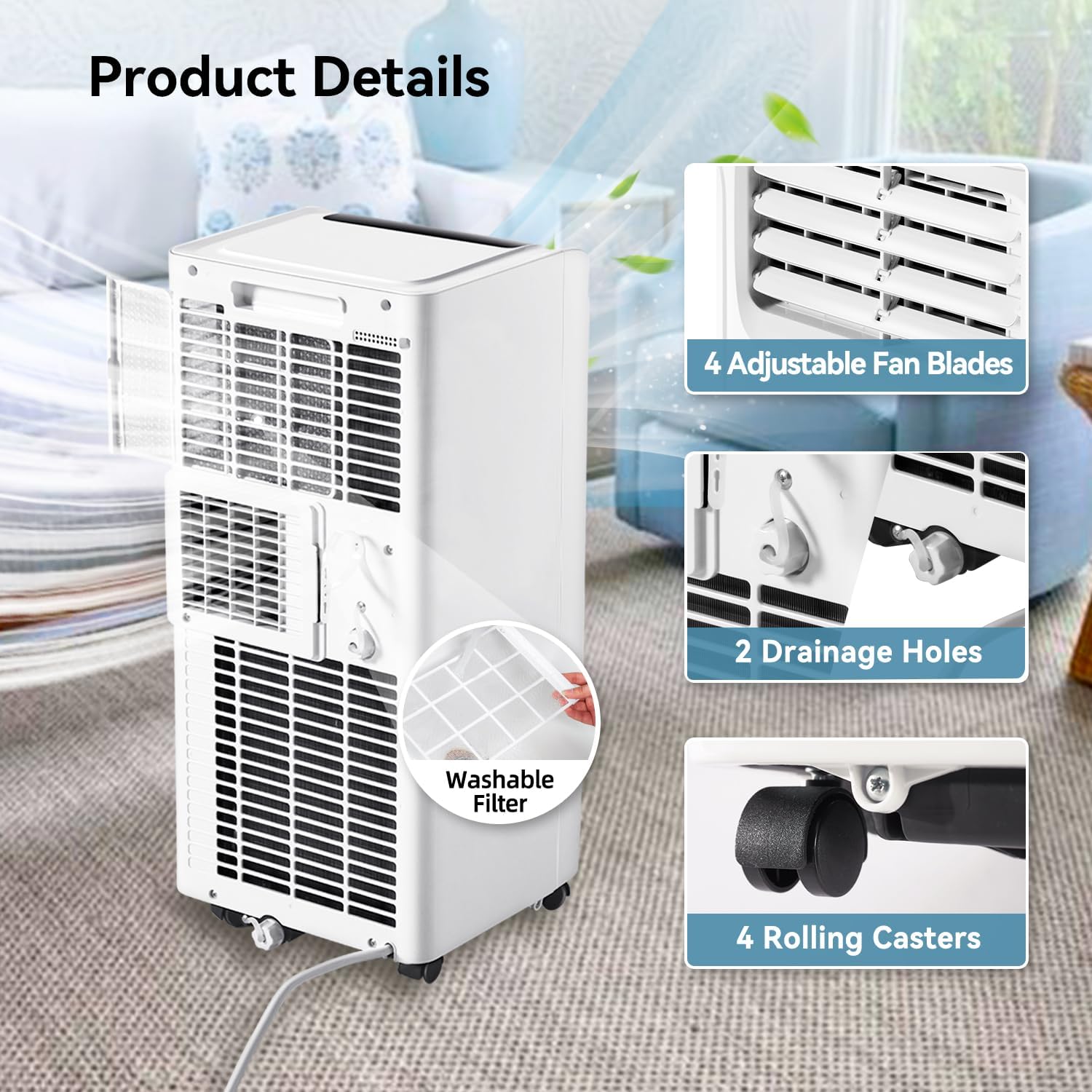Portable Air Conditioner Cools up to 300 Sq.ft, 4-IN-1 Portable AC Unit with Cooling, Dehumidifier, Fan, 24H Timer (Window Venting Kit Included)