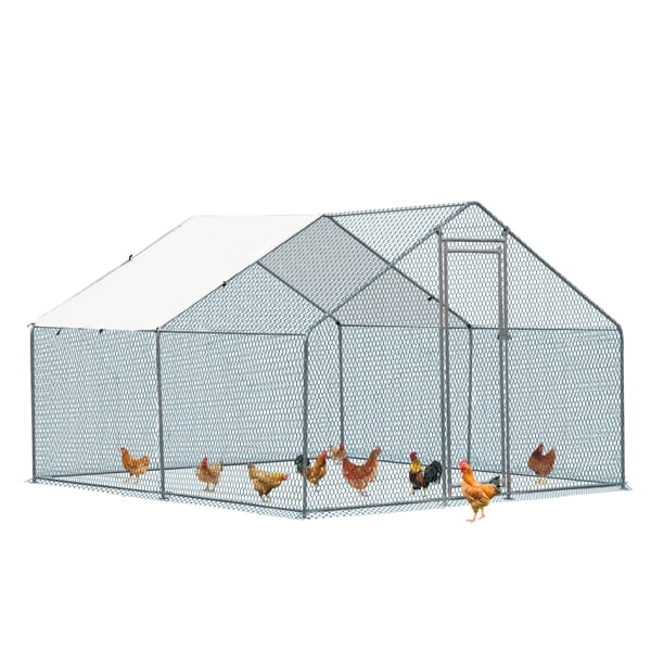 Al Fresco Large Metal Chicken Coop, Walkin Poultry Cage for Yard with Waterproof Cover, Peaked Roof for Hen House, Duck and Rabbit, Silver, 10 x 10 ft