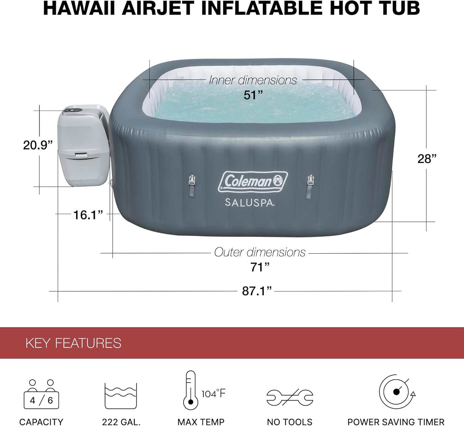 4 to 6 Person Inflatable Hot Tub Square Portable Outdoor Spa with 114 Soothing AirJets and Insulated Cover, Gray-Coleman