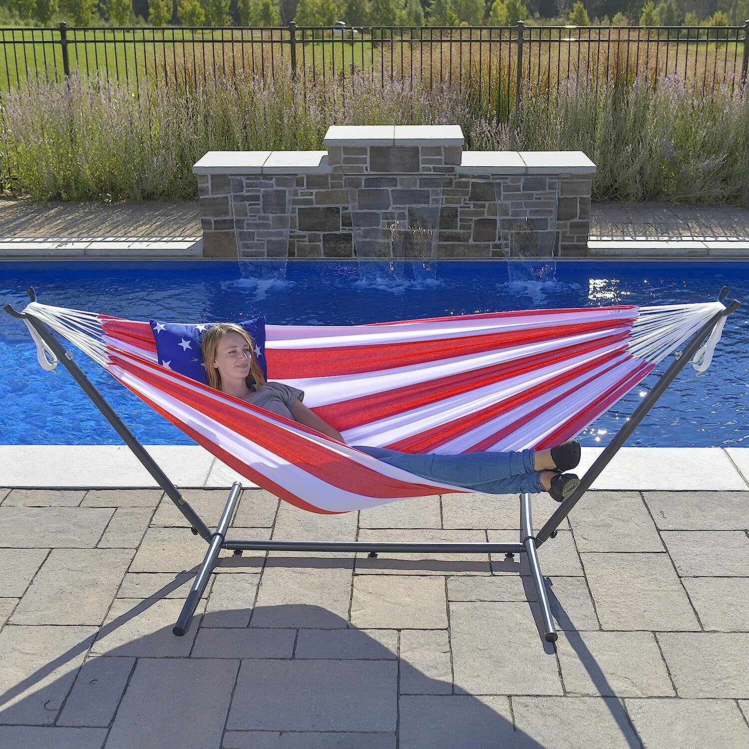 Vivere Double Cotton Hammock with Steel Stand, 450 lb Capacity, Tropical Colors, Includes Premium Carry Bag