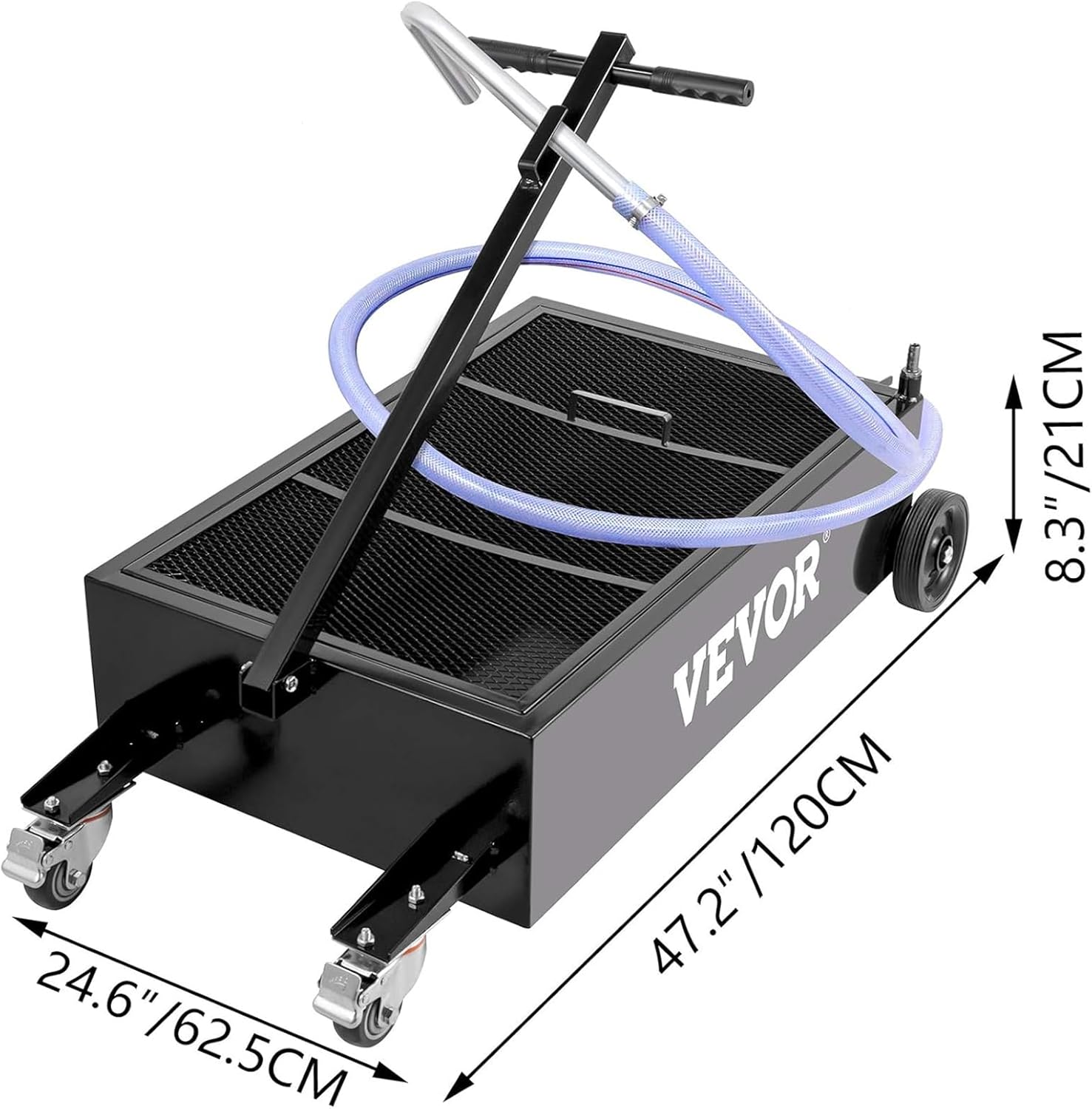 Low-Profile 15 Gallon Oil Drain Pan with 180W Electric Pump, Folding Handle & Wheels for Trucks, Buses, RVs