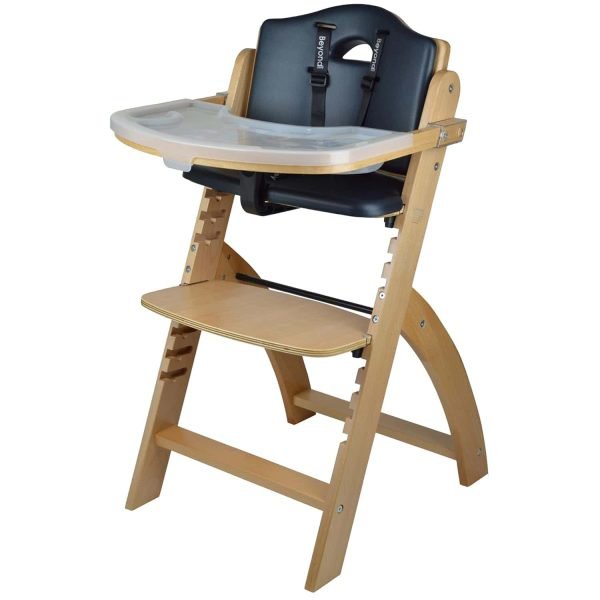 Abiie Beyond Junior Wooden High Chair with Tray. The Perfect Adjustable Baby Highchair Solution Natural Wood/Black Cushion