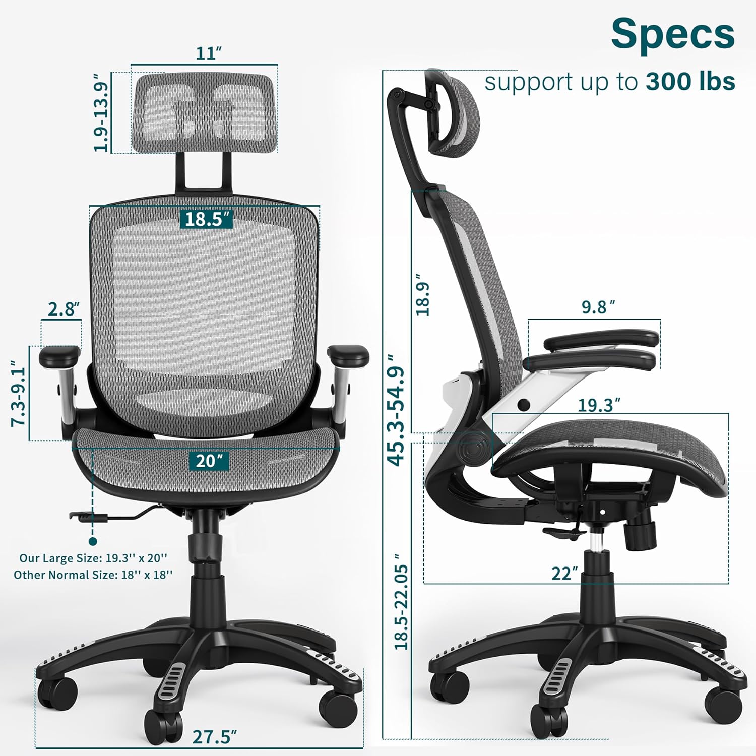 Ergonomic Mesh Office Chair, High Back Desk Chair - Adjustable Headrest with Flip-Up Arms, Tilt Function, Lumbar Support and PU Wheels, Swivel Computer Task Chair