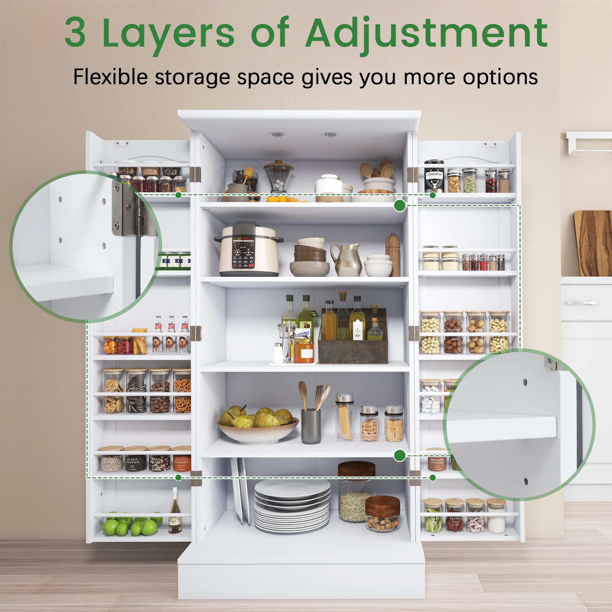 Jehiatek 47u201d Kitchen Pantry Cabinet, White Freestanding Buffet Cupboards Sideboard with Doors & Adjustable Shelves, Kitchen Pantry Storage Cabinet for Kitchen, Living Room and Dinning Room