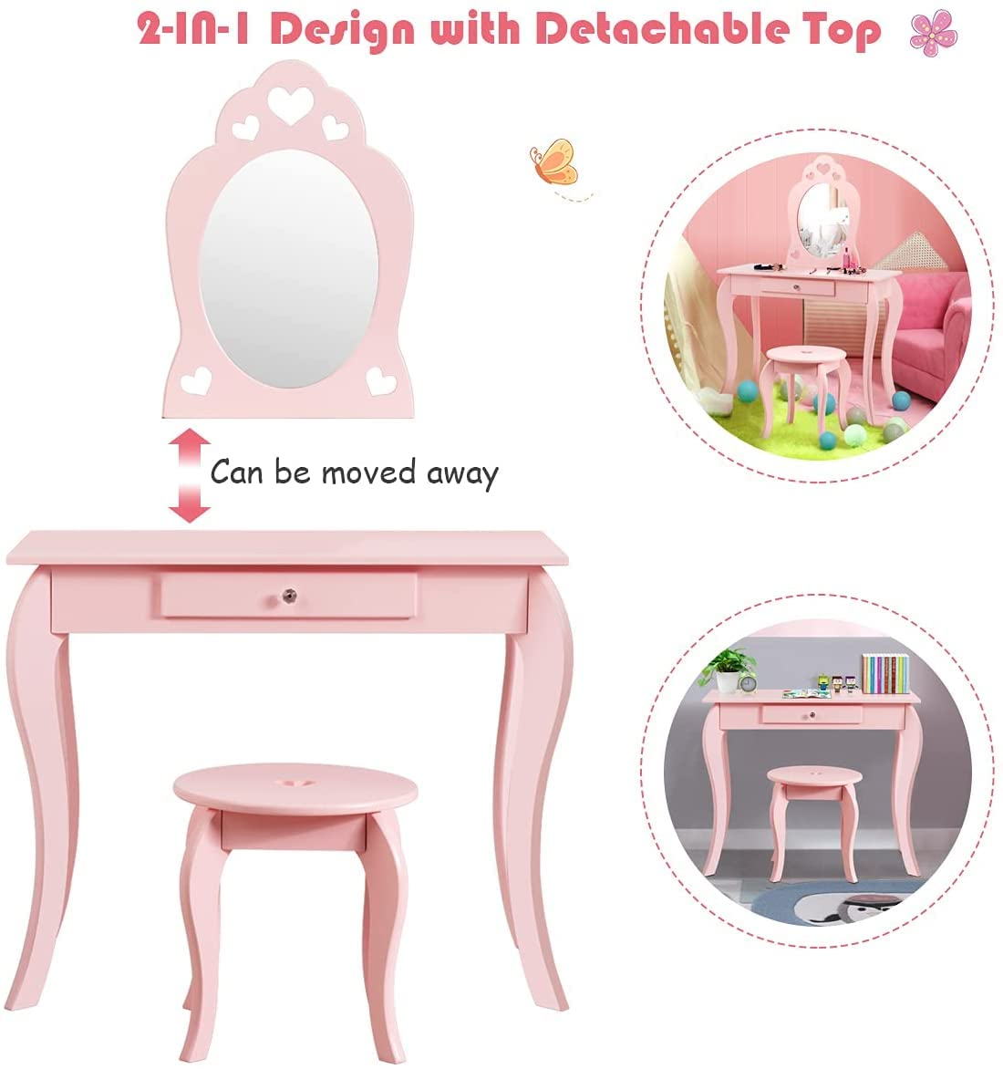 Fireflowery 2-in-1 Vanity Table with Detachable Top, Real Mirror & Drawer, Pink/White, Ideal for Girls