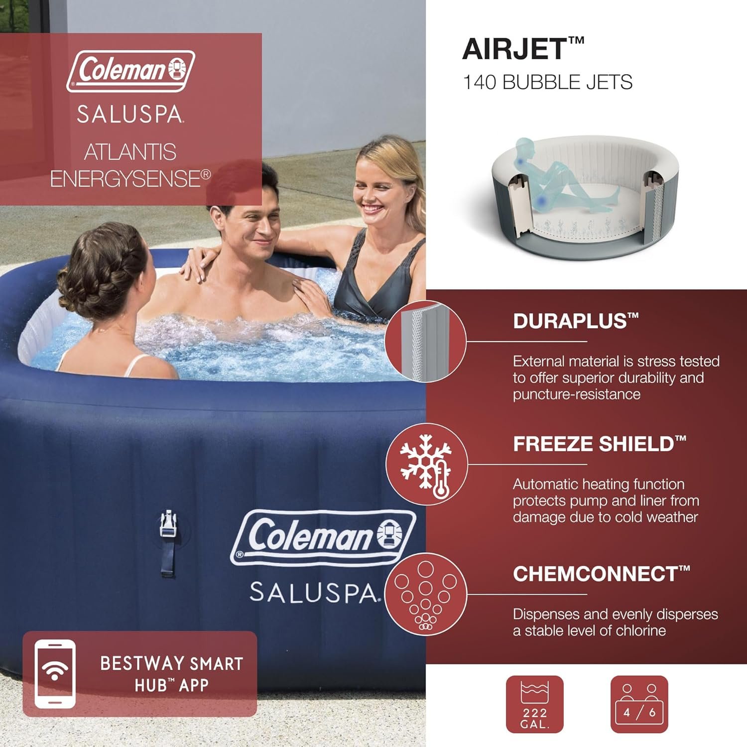 4 to 6 Person Inflatable Hot Tub Square Portable Outdoor Spa with 114 Soothing AirJets and Insulated Cover, Gray-Coleman