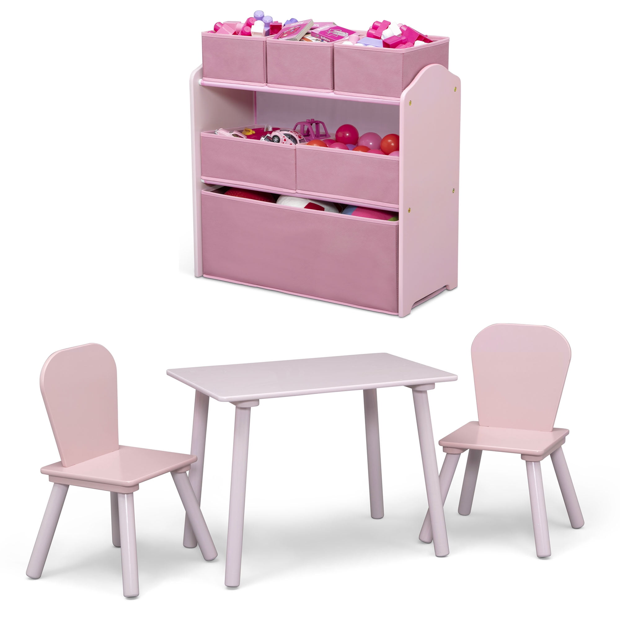 Delta Children Toddler Playroom Set: Table, 2 Chairs & 6-Bin Organizer with Stickers, Pink
