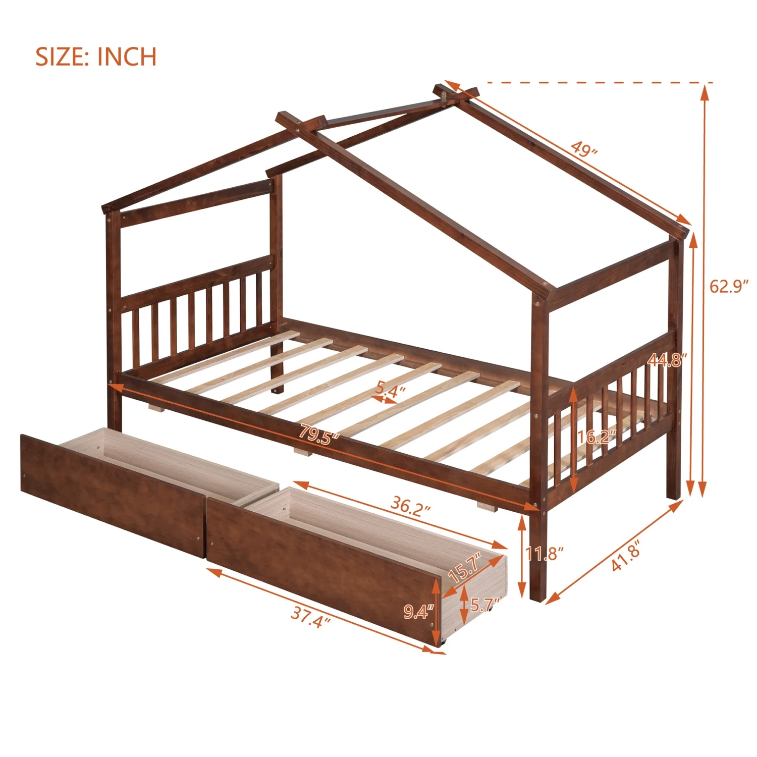 Upgrade your bedroom decor with this cozy and elegant Twin Size Wooden House Bed. Featuring spacious drawers and a stylish walnut finish this bed is the perfect addition to your bedroom.