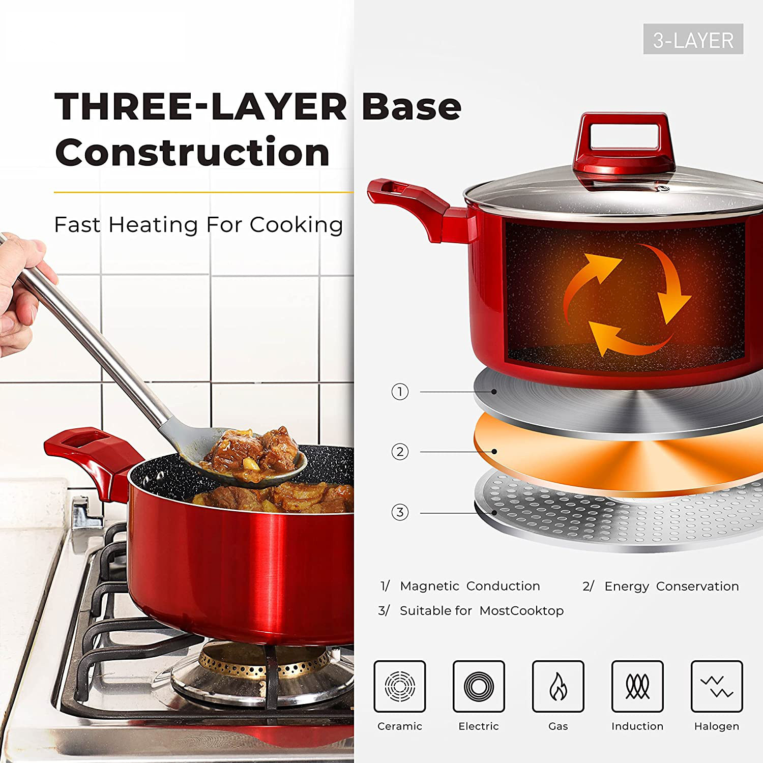 Red Nonstick Cookware Set  C 10 Pcs by [Brand Name], Induction Compatible, Chemical-Free, Includes Frying Pans, Saucepans, Saute Pan, Stock Pot