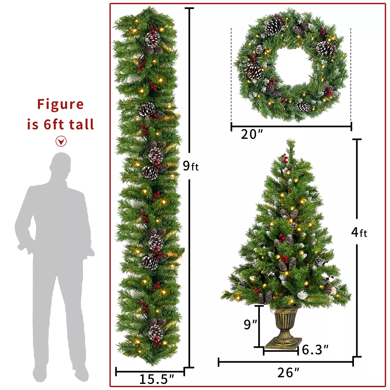Pre-lit Christmas Tree Garland Wreath 4-Piece Set with LED Lights Artificial NEW