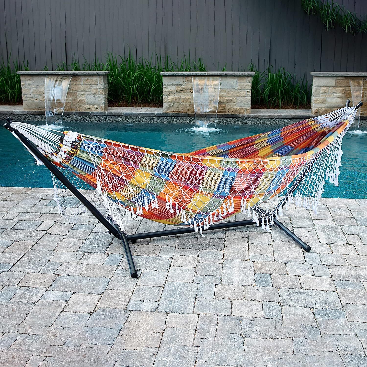 Vivere Double Cotton Hammock with Steel Stand, 450 lb Capacity, Tropical Colors, Includes Premium Carry Bag