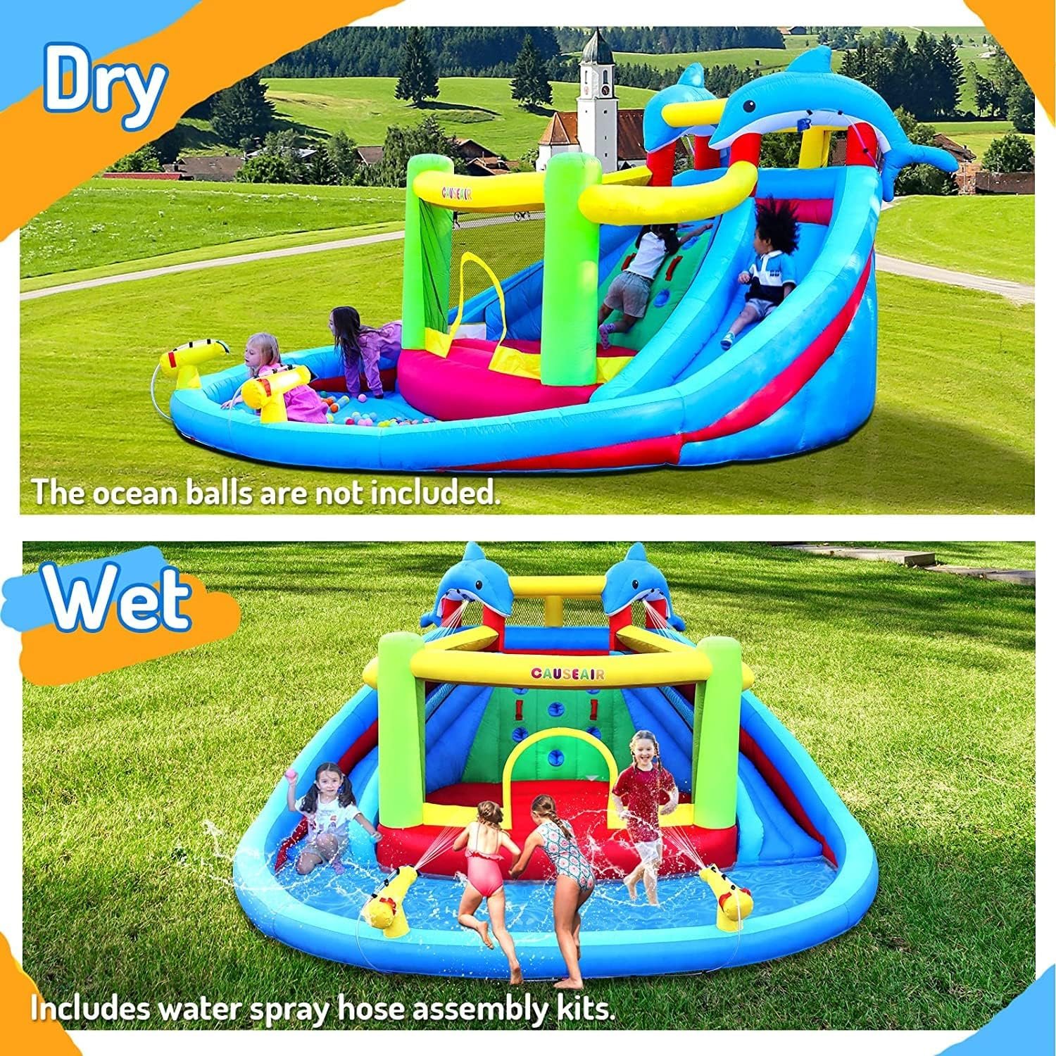 Inflatable Bounce House with Double Slide,Dolphin Styling,Splashing Pool,Double Water Cannon,Climbing Wall,Heavy Duty GFCI Blower,Inflatable Water Park Slide for Kids Backyard Summer