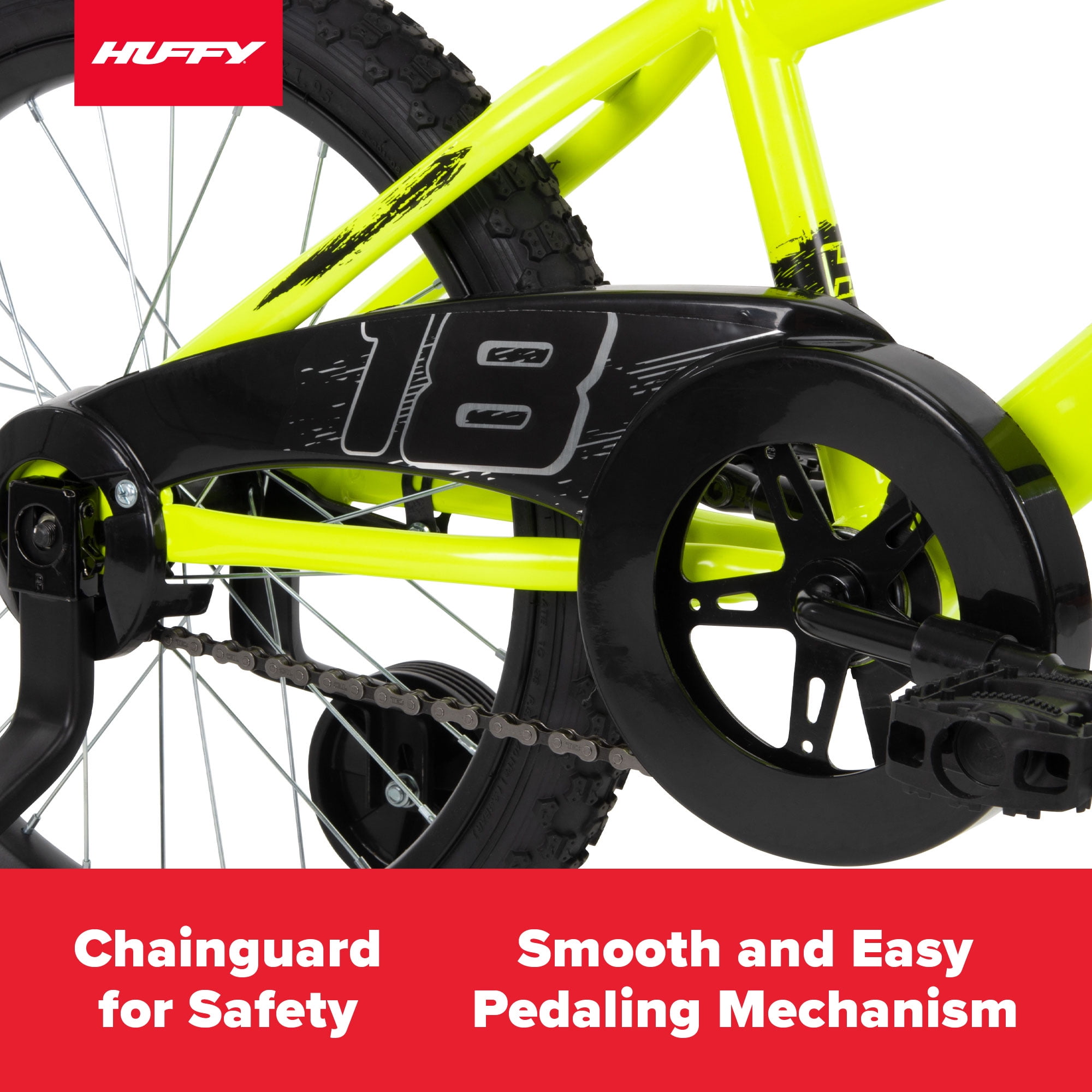 Huffy Rock It 18��� Kids Bicycle, Neon Yellow, Single-Speed, Training Wheels, Ages 5+, Steel Frame