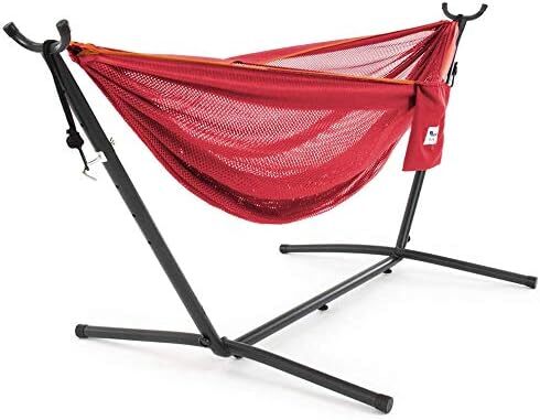 Vivere Double Cotton Hammock with Steel Stand, 450 lb Capacity, Tropical Colors, Includes Premium Carry Bag
