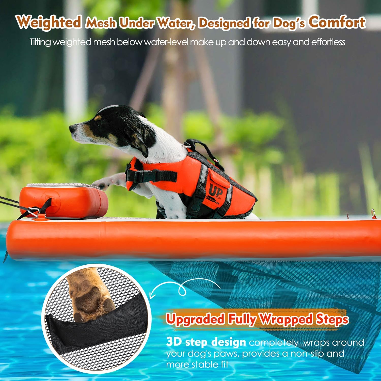 Inflatable Elevated Dog Boat & Pool Ramp, Floating Dog Pupppy-Plank for Pool, Dock & Boat, Non-Slip Dog On Water Ramp with Booster Step, Dog Boat Ladder for Large Dogs Up to 220lbs Climb Out of Water