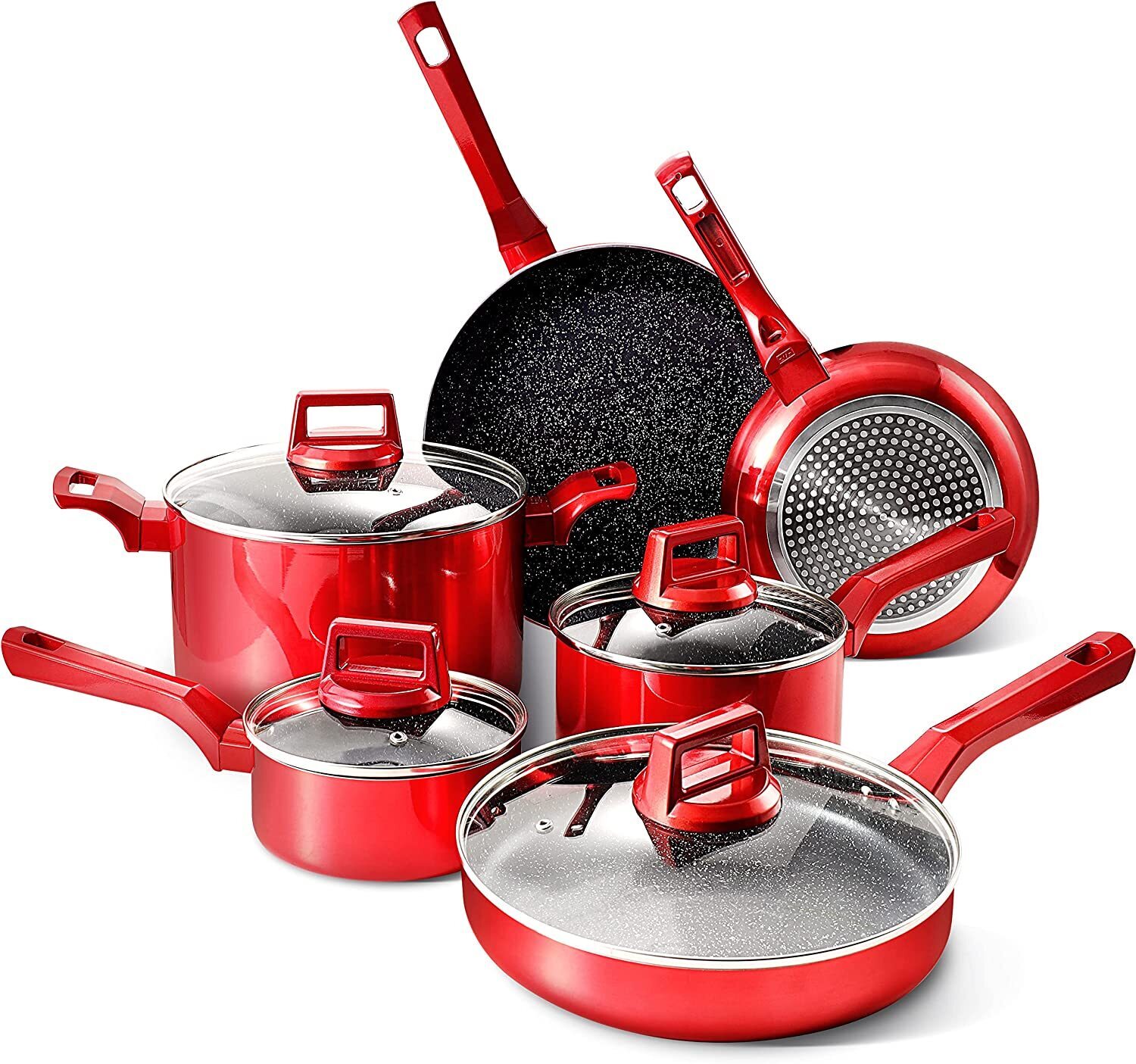 Red Nonstick Cookware Set  C 10 Pcs by [Brand Name], Induction Compatible, Chemical-Free, Includes Frying Pans, Saucepans, Saute Pan, Stock Pot