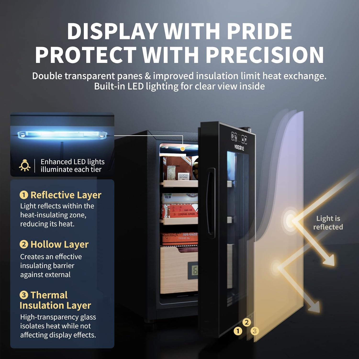 ThermoCigar 48L Cigar Humidor with Heating & Cooling, Cedar Wood, Digital Hygrometer, Quiet Electric Cooler for 350 Cigars