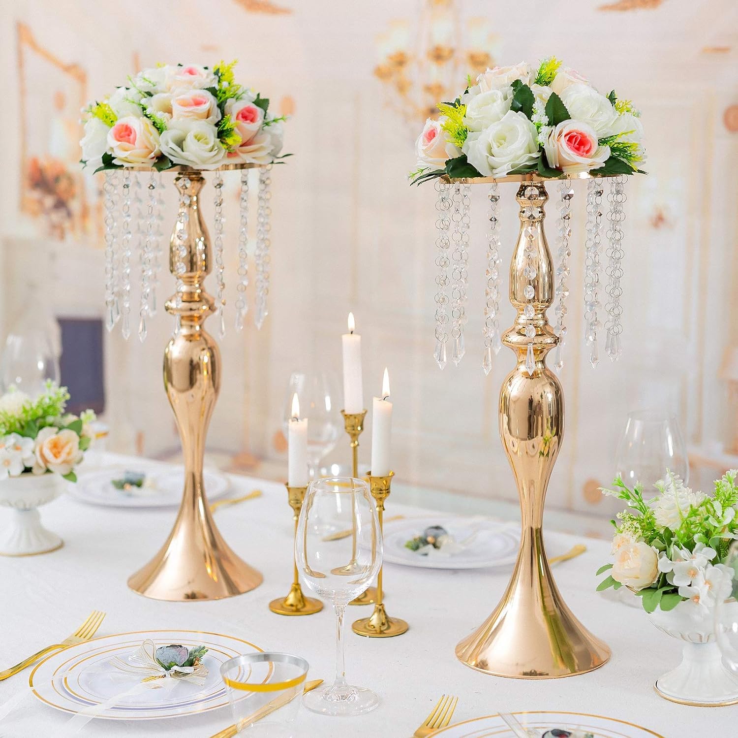 Sziqiqi Gold Metal Crystal Centerpiece Riser, 21.3    Tall, Pack of 10, Elegant Floral Stand for Weddings & Events