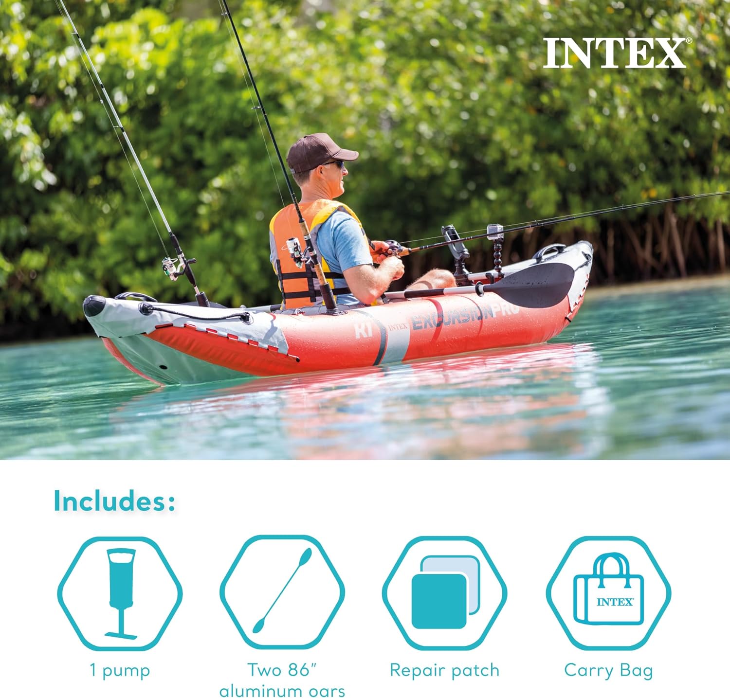 Excursion Pro Inflatable Kayak Series: Includes Deluxe 86in Kayak Paddles and High-Output Pump  ?SuperTough PVC  ?Adjustable Bucket Seat  ?Fishing Rod Holders  ?Grab Handles