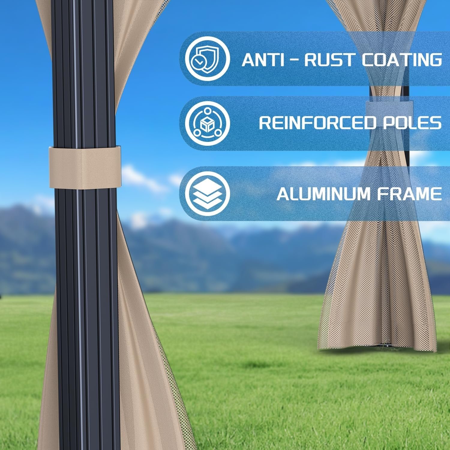 10��x10�� Hardtop Gazebo with double metal roof, aluminum frame, net, and curtain. All-weather, ideal for patio, deck, garden, backyard. Khaki.