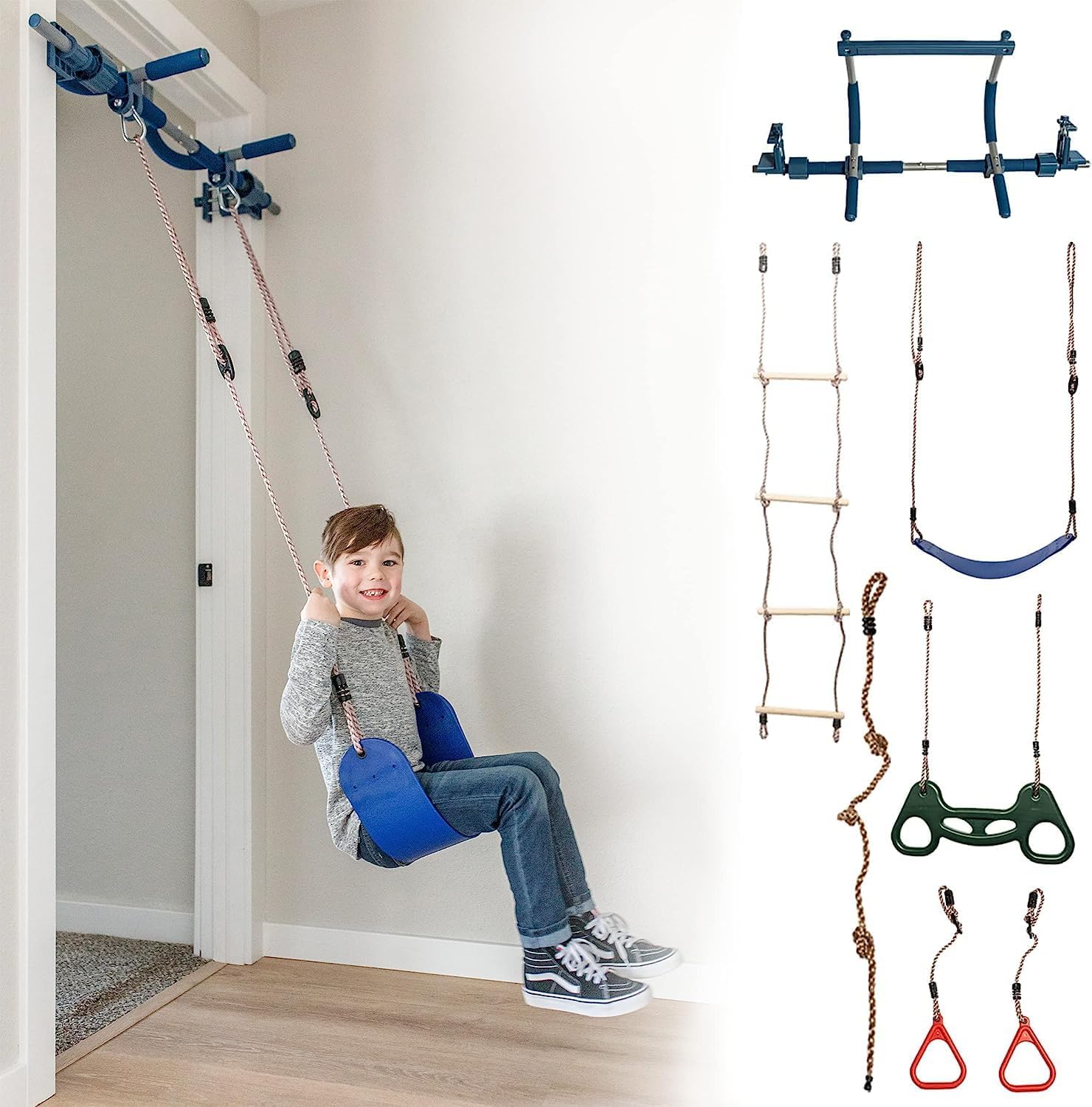 PIPG Indoor Doorway Gym for Kids & Adults  C Blue, Alloy Steel, Includes Pull-Up Bar, Rings, Trapeze, Ladder, Rope, Sensory Swing, 300 lbs Capacity
