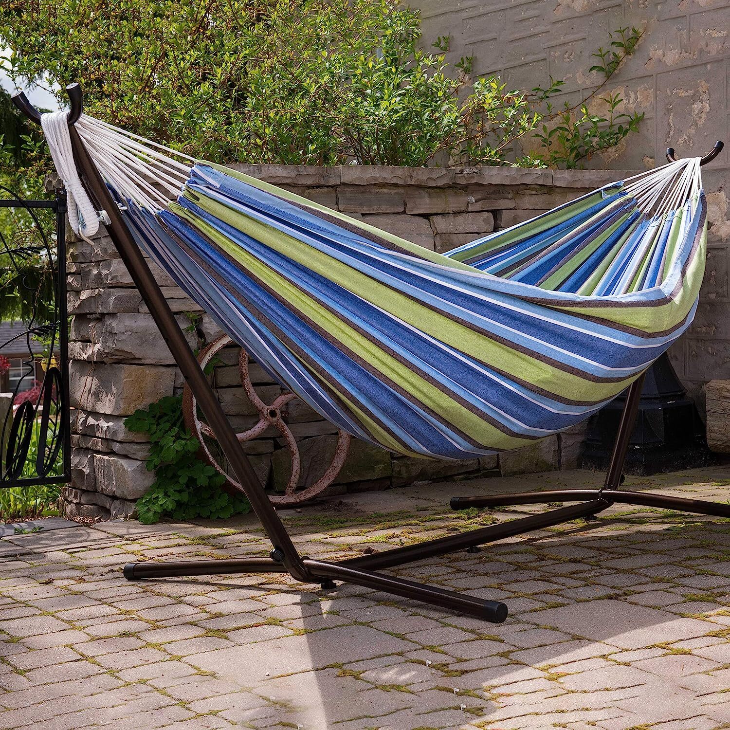 Vivere Double Cotton Hammock with Steel Stand, 450 lb Capacity, Tropical Colors, Includes Premium Carry Bag