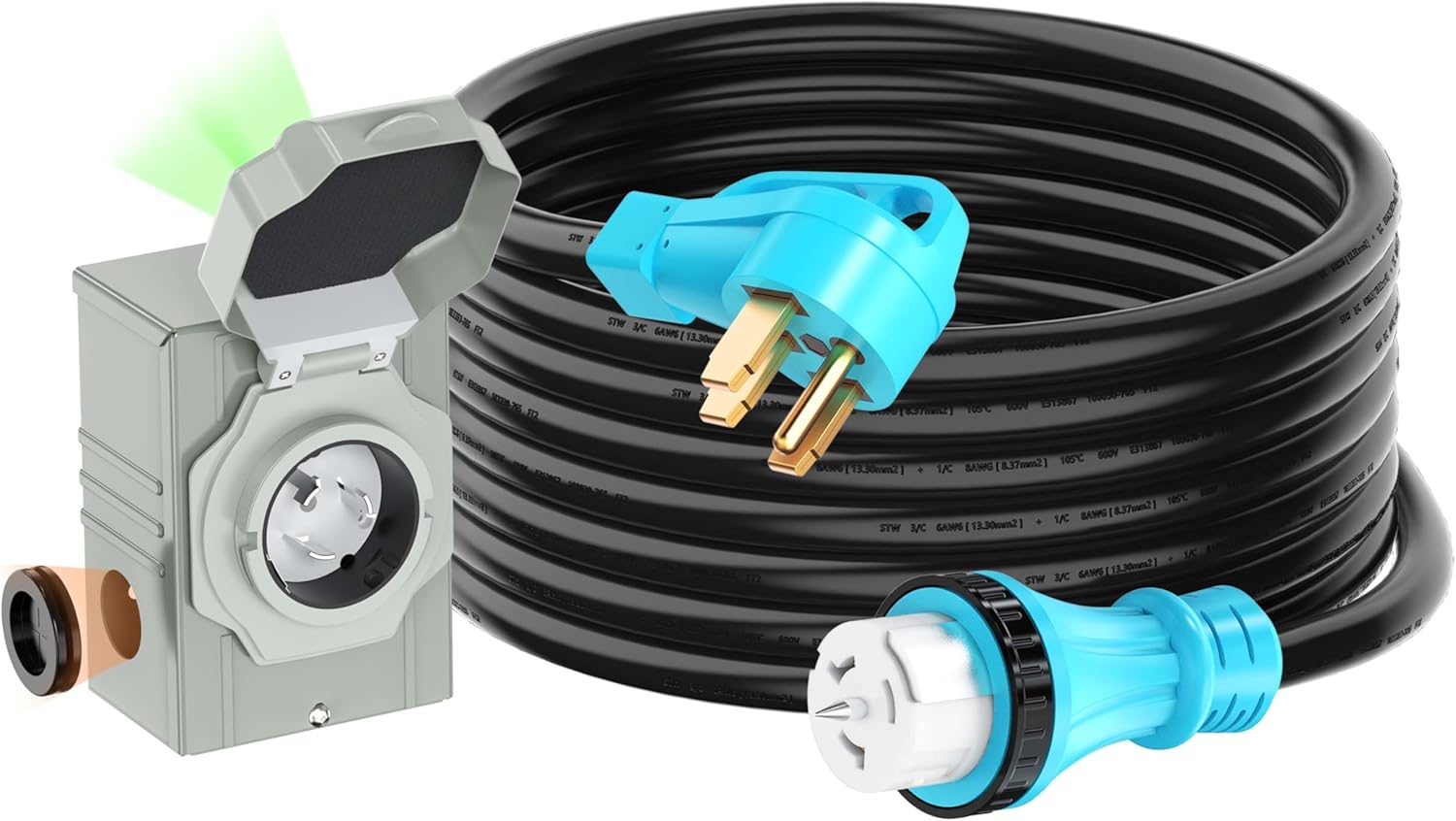 50 Amp 10 Feet Generator Cord and Power Inlet Box Combo Kit NEMA 14-50P Male to SS2-50R STW 6/3+8/1 AWG 125/250V Twist Locking with Inlet Box for Generator to House