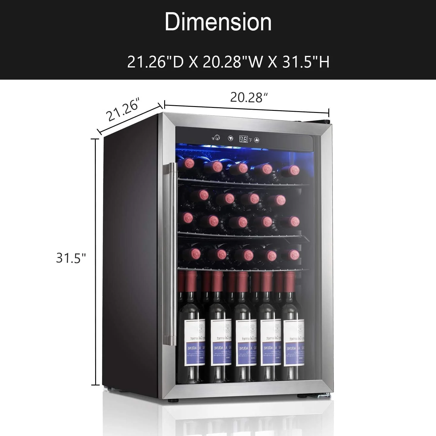 Antarctic Star Wine Cooler, 36 Bottle, Stainless Steel, Double Glass Door, Touch Screen, 4.4 Cu.Ft, Freestanding