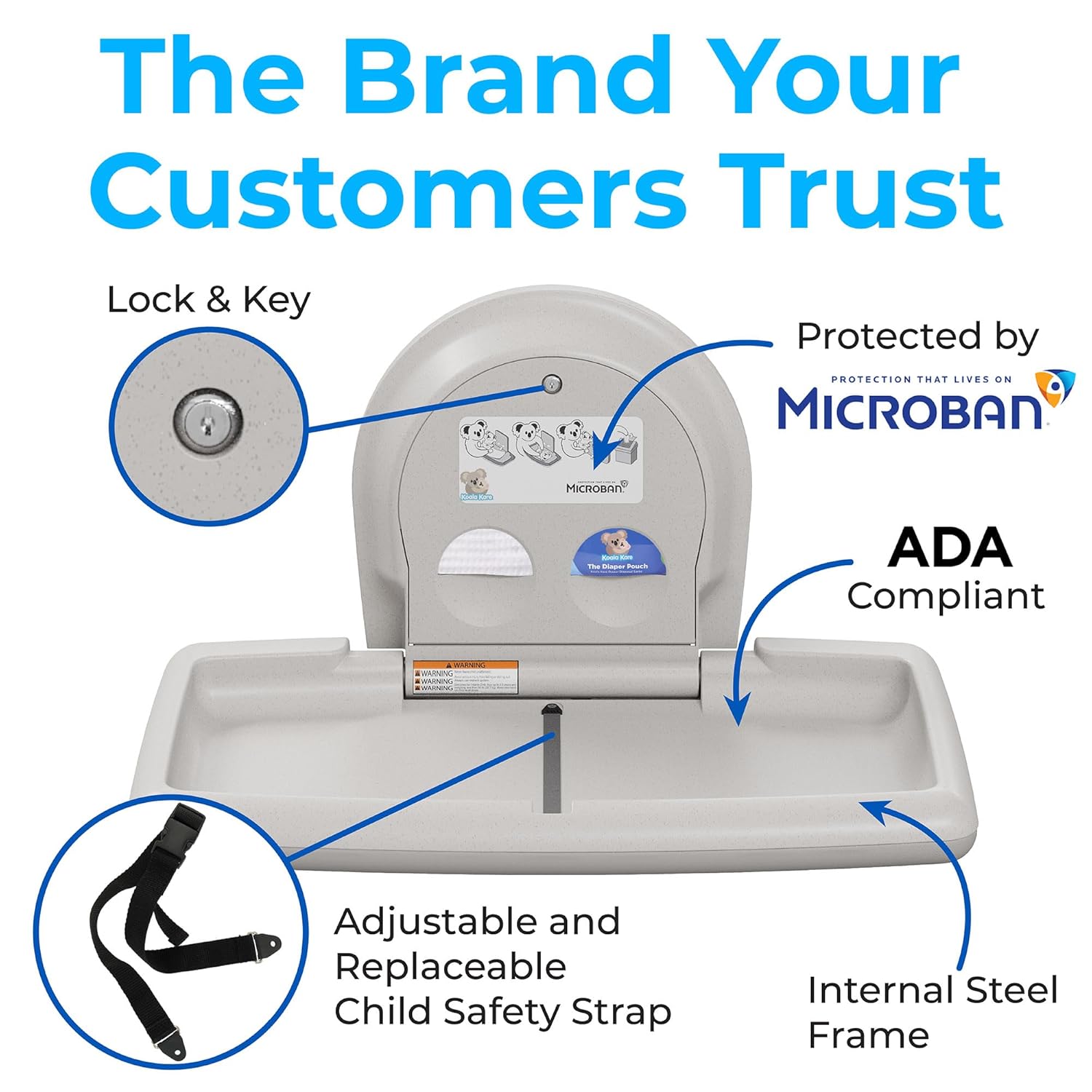 Koala Kare Horizontal Baby Changing Station, Cream, Extra-Wide Surface, Safety Belts, Microban Protection