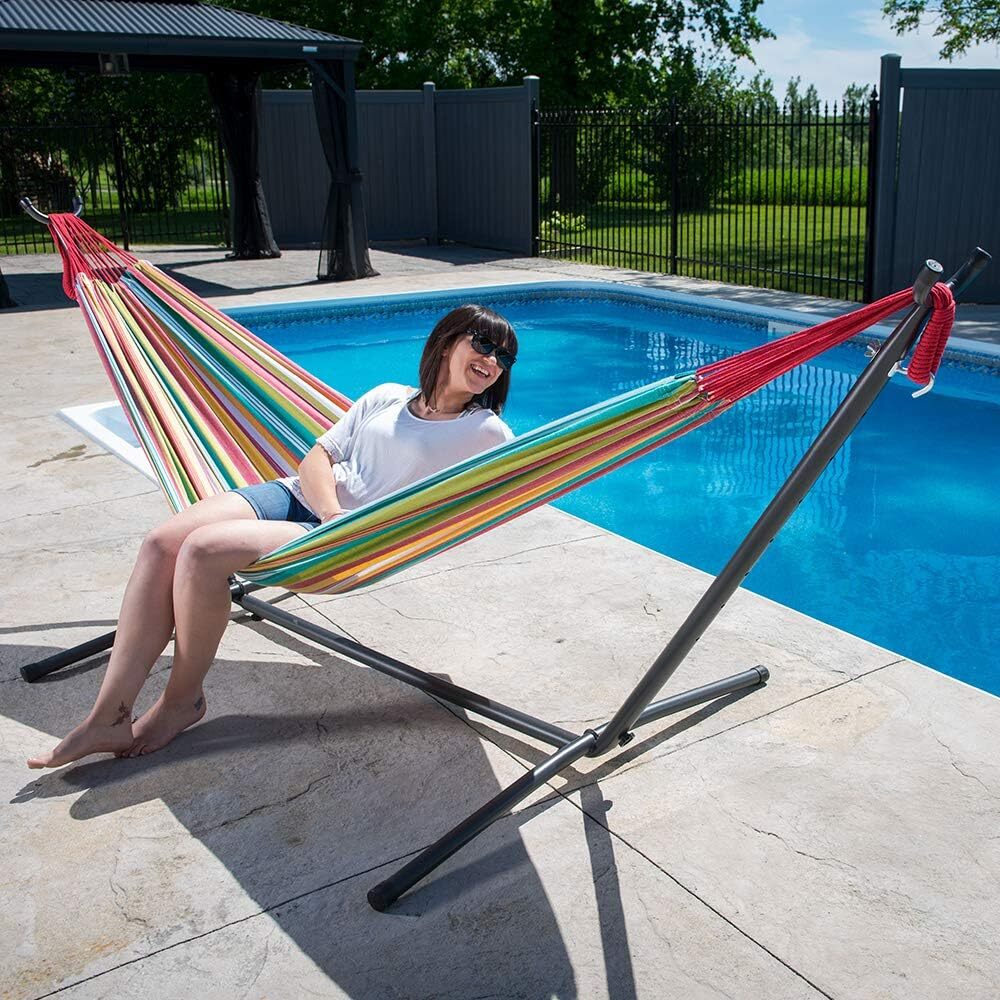 Vivere Double Cotton Hammock with Steel Stand, 450 lb Capacity, Tropical Colors, Includes Premium Carry Bag