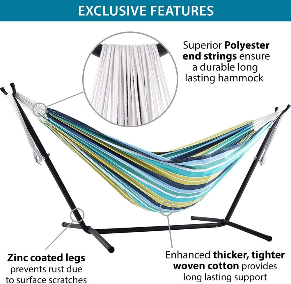 Vivere Double Cotton Hammock with Steel Stand, 450 lb Capacity, Tropical Colors, Includes Premium Carry Bag