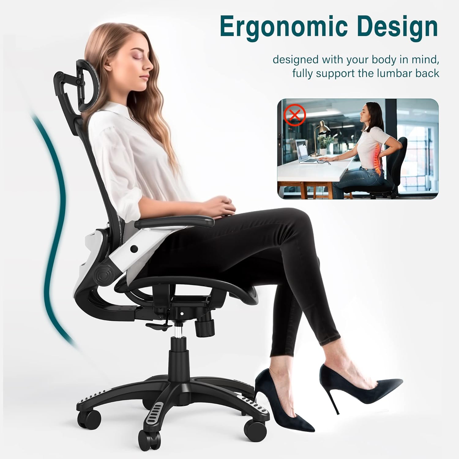 Ergonomic Mesh Office Chair, High Back Desk Chair - Adjustable Headrest with Flip-Up Arms, Tilt Function, Lumbar Support and PU Wheels, Swivel Computer Task Chair