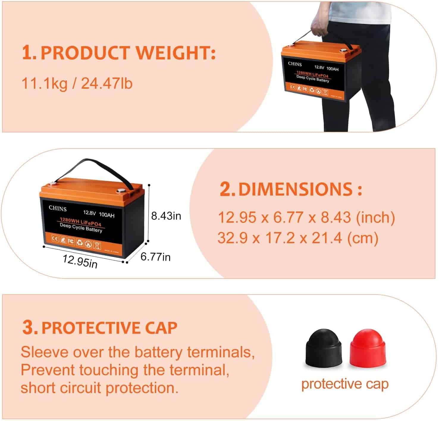 CHINS LiFePO4 Lithium Iron Battery 12V 100Ah for Boat Fishing