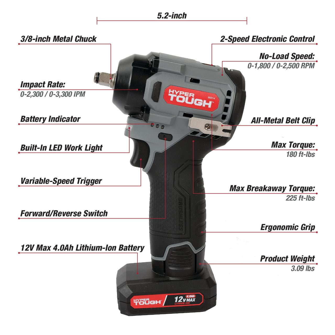 Hyper Tough 12V Cordless Brushless Impact Wrench, 225 ft-lbs Torque, 4.0Ah Battery & Charger Included, 3/8��� Drive