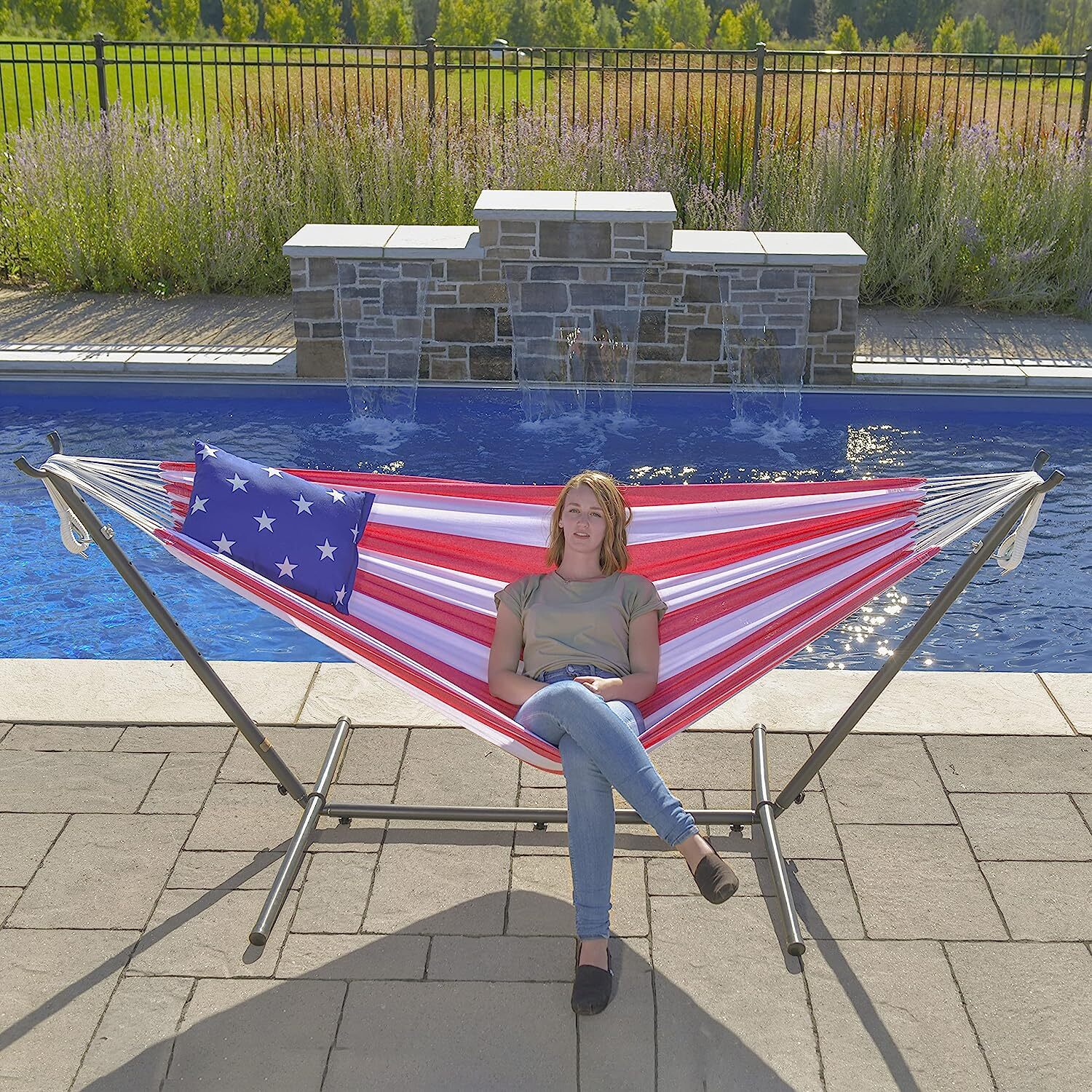 Vivere Double Cotton Hammock with Steel Stand, 450 lb Capacity, Tropical Colors, Includes Premium Carry Bag