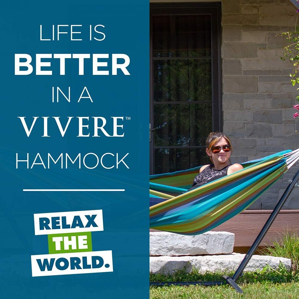 Vivere Double Cotton Hammock with Steel Stand, 450 lb Capacity, Tropical Colors, Includes Premium Carry Bag