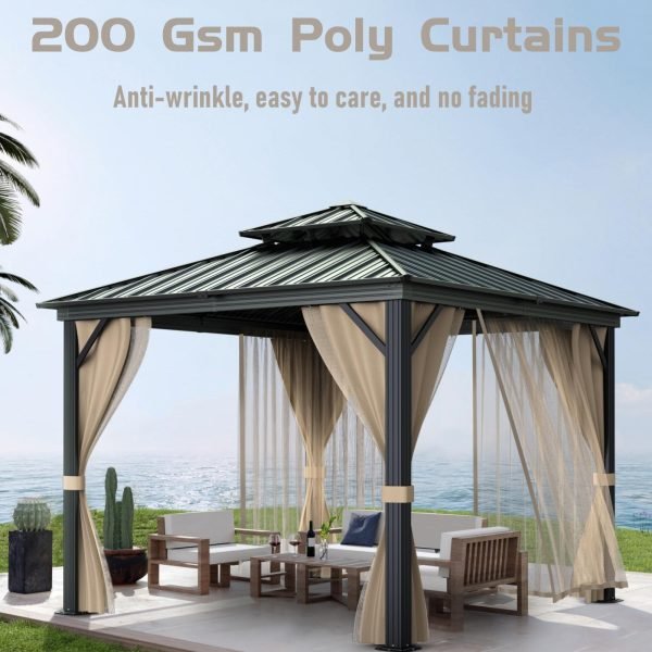 10��x10�� Hardtop Gazebo with double metal roof, aluminum frame, net, and curtain. All-weather, ideal for patio, deck, garden, backyard. Khaki.