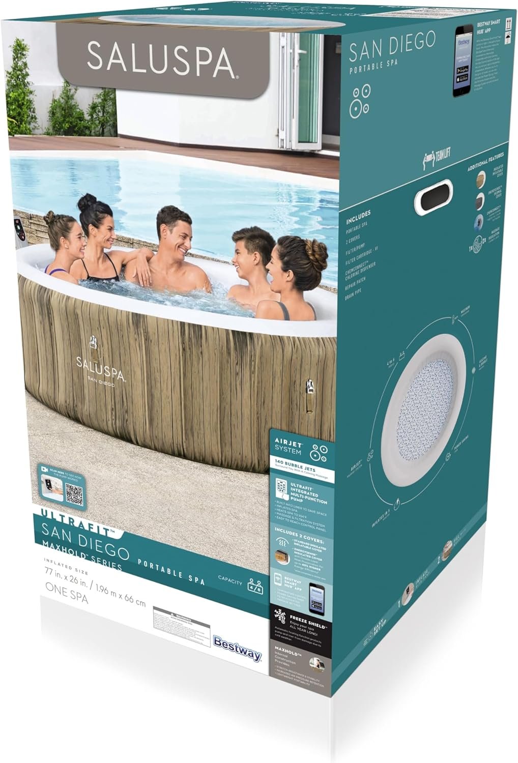 Bestway SaluSpa Miami EnergySense AirJet Inflatable Hot Tub Spa (71��� x 26���) | Portable Hot Tub with 2 Covers (1 Energy-Efficient Thermal Cover and 1 Standard Cover) | Fits Up to 2-4 Persons | Black