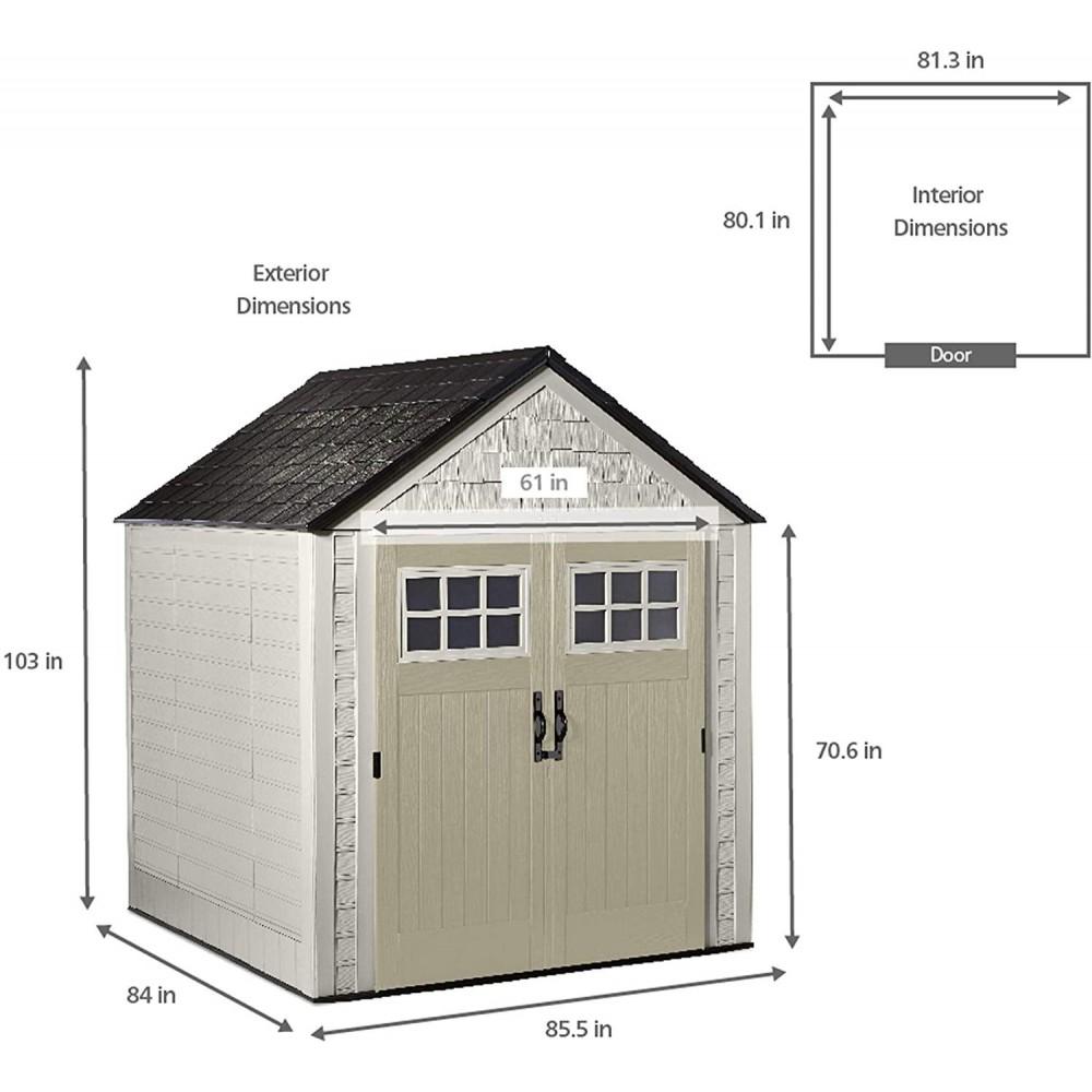 g Rubbermaid 7��7 Ft Durable Weather Resistant Resin Outdoor Garden Storage Shed with Windows and Utility Hooks, Sand