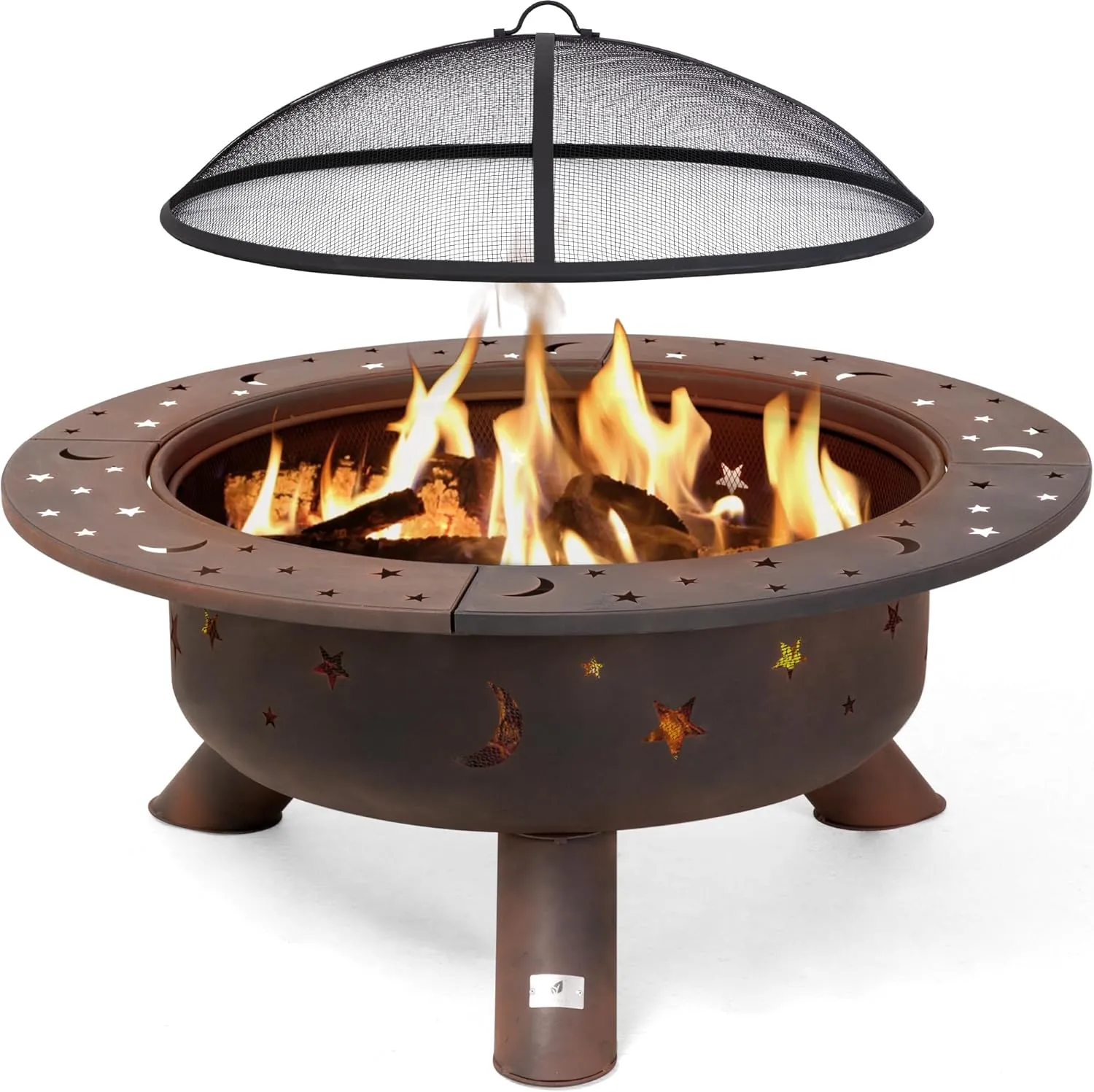 SUNCREAT 42��� Alloy Steel Outdoor Fire Pit, Wood Burning with Spark Screen & Poker, Black, Round Garden Fireplace