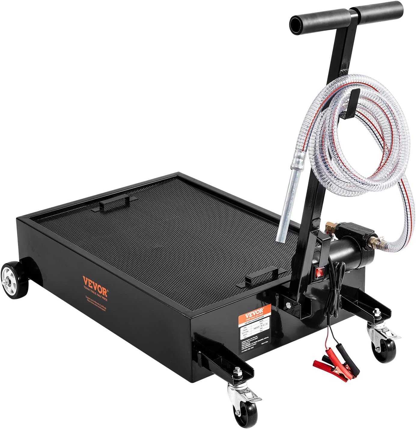 Profile Oil Drain Pan, 15 Gallon Oil Drain Pan with Pump, Oil Change Pan with 180W Electric Pump, 8.2ft Hose & Folding Handle, Rolling Oil Drain Cart for Trucks, Buses, RVs