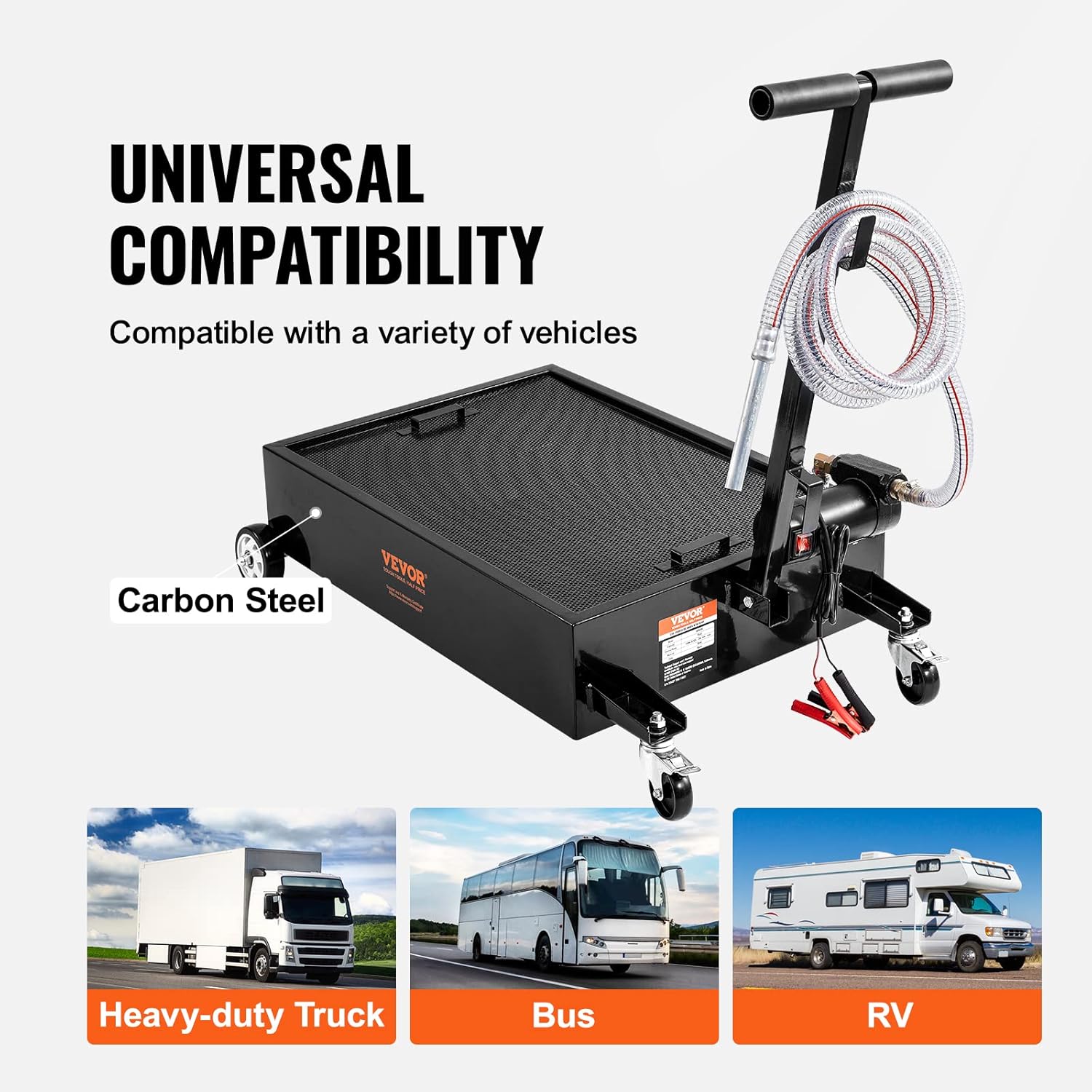 Low-Profile 15 Gallon Oil Drain Pan with 180W Electric Pump, Folding Handle & Wheels for Trucks, Buses, RVs