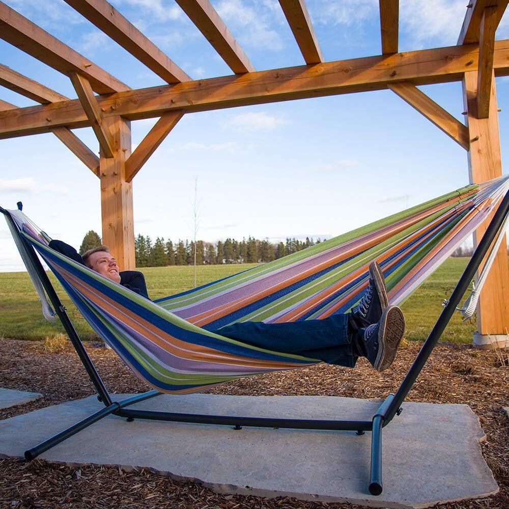 Vivere Double Cotton Hammock with Steel Stand, 450 lb Capacity, Tropical Colors, Includes Premium Carry Bag