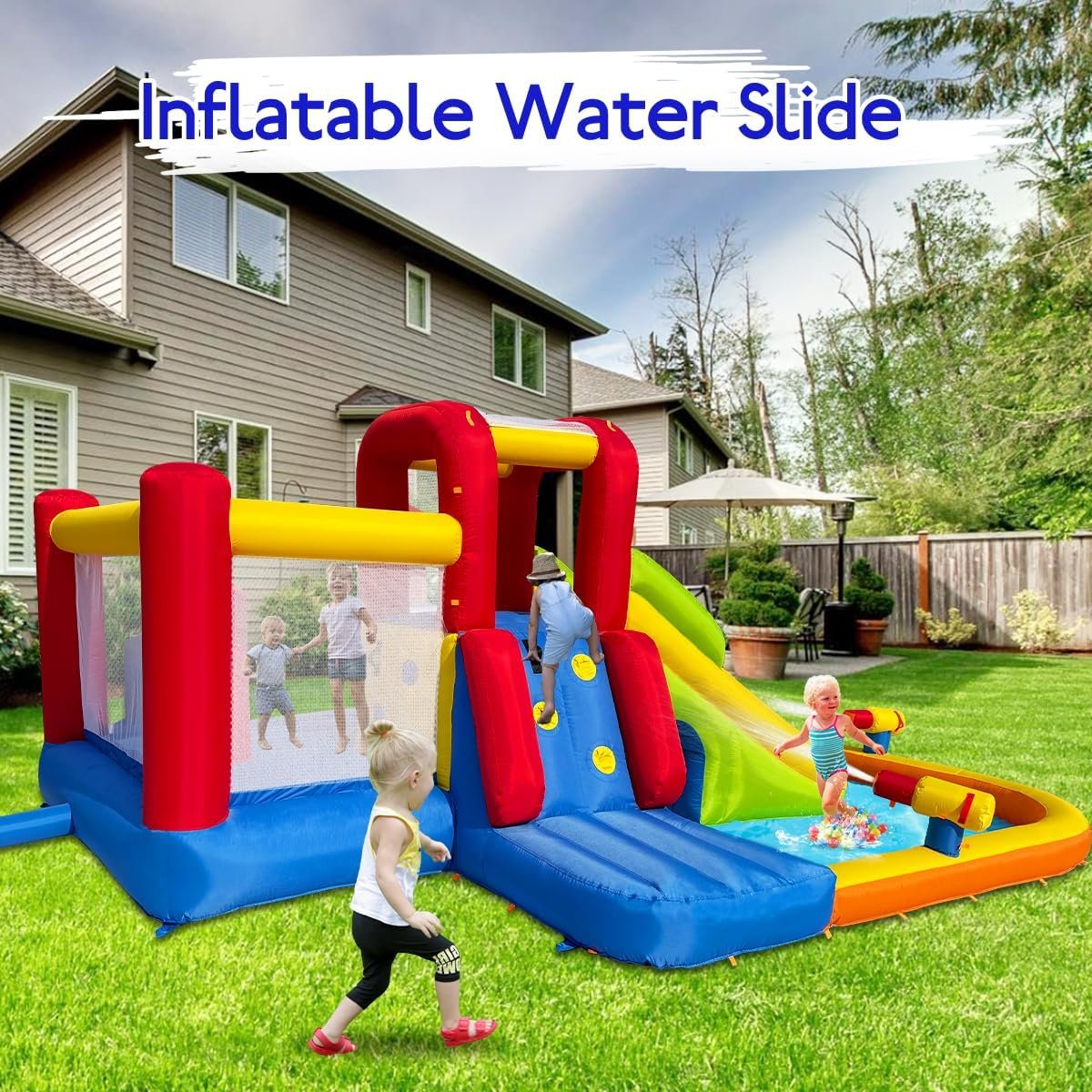 Bounce House Inflatable Water Slide for Kids, Water Park With Splash Pool, Double Cannon, 2 Climbing Walls, Obstacles, Blow Up Jumping Castle With Blower