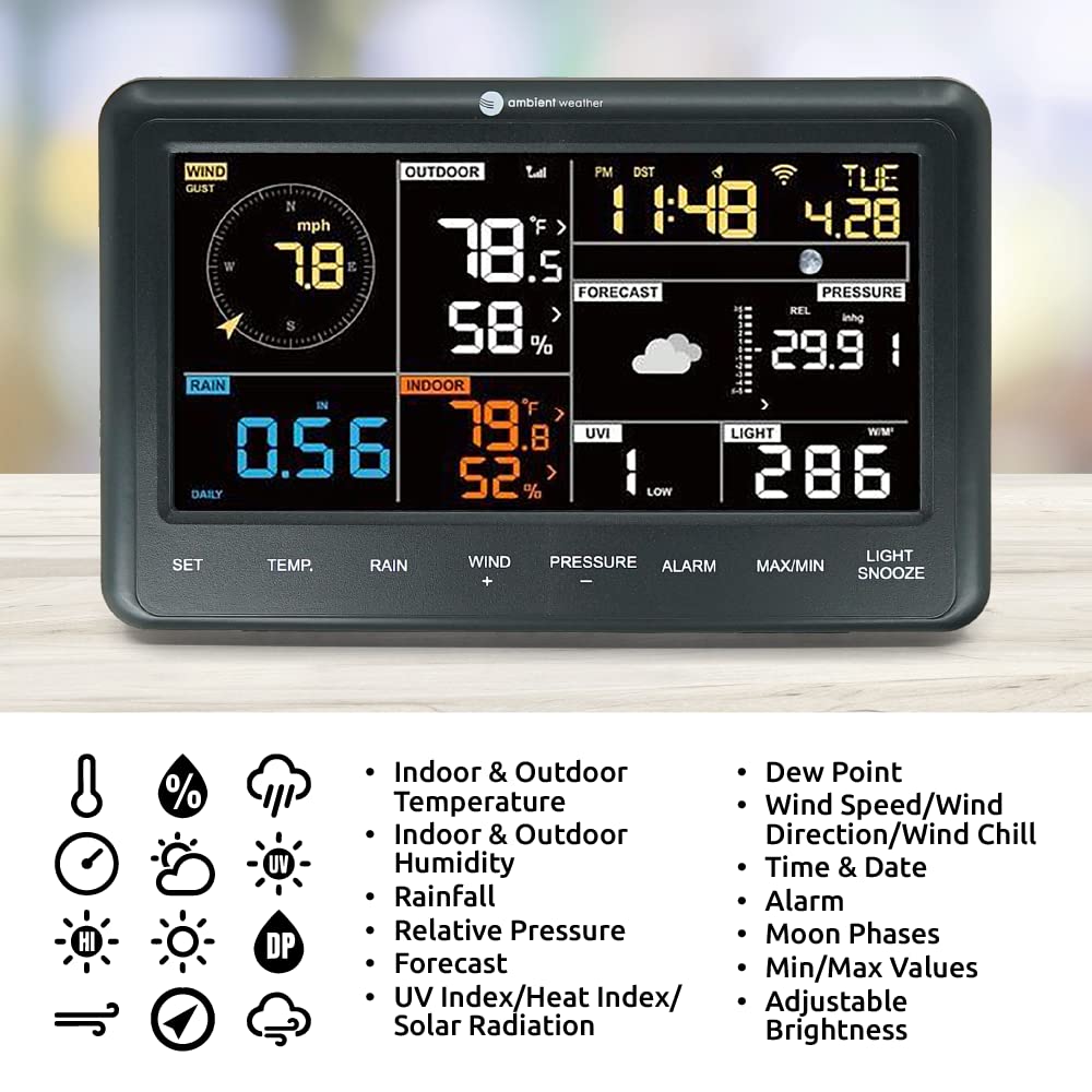Ambient Weather WS-2000 Solar-Powered Smart Weather Station with WiFi, TFT Display, and Remote Monitoring