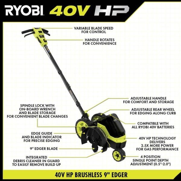 RY40760-AC 40V HP Brushless 9 in. Edger w/ Extra Edger Blade, 4.0 Ah Battery and Charger