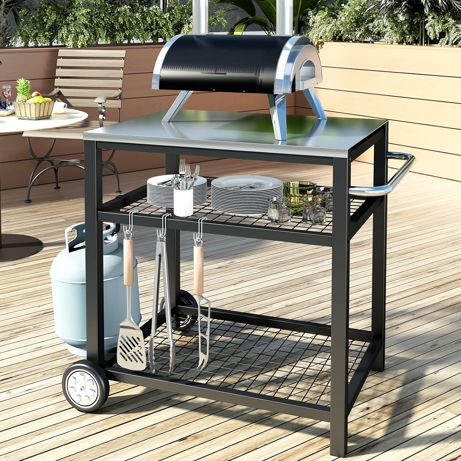 Stainless Steel Grill Cart, Movable Food Prep Table with Wheels and Handle - Heavy Duty Outdoor Cart
