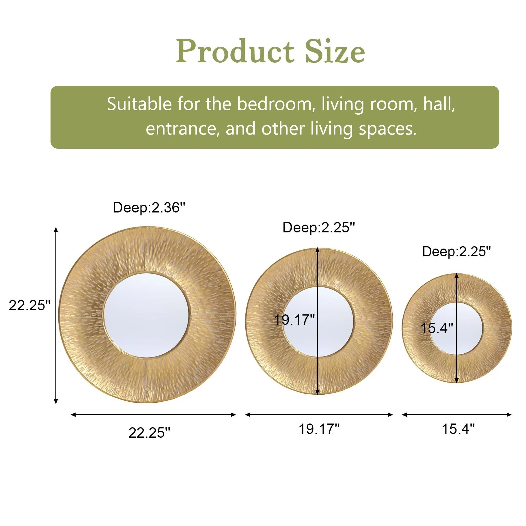 3-Piece Gold Metal Round Wall Mirror Set - 22.25